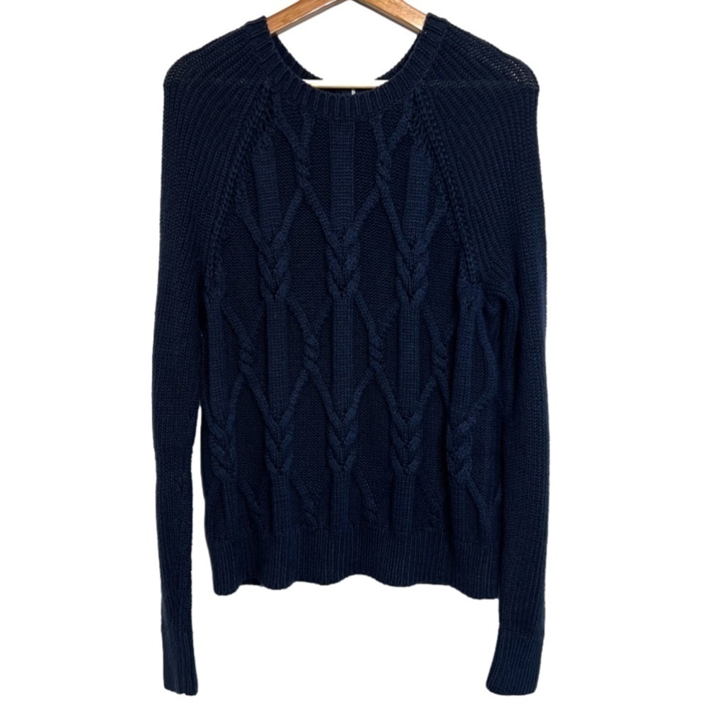Abercrombie Womens Size Small Cable Knit Sweater Navy Blue Zipper Back Crewneck
